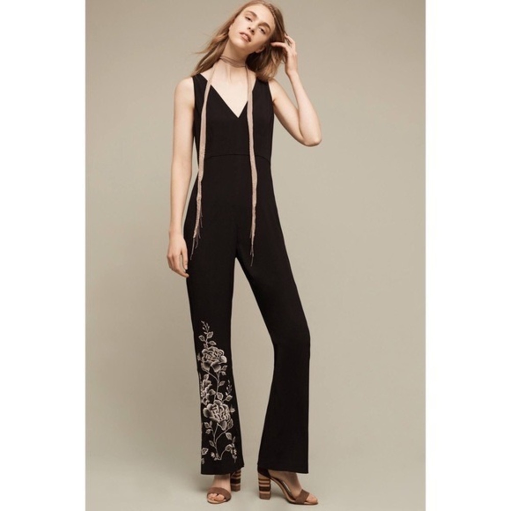 Anthropologie HD in Paris Tal Black Floral Embroidered Sleeveless Jumpsuit Sz 0